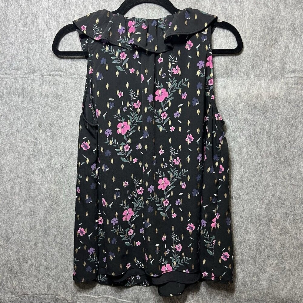 Juicy Couture Top Large Sleeveless Black Floral V Neck Ruffle‎ Collar Lined - Picture 7 of 8